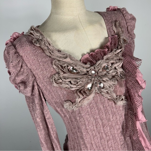 Pretty angel linen blend Elegant Pink Ruffled Women's Top S - Picture 4 of 10